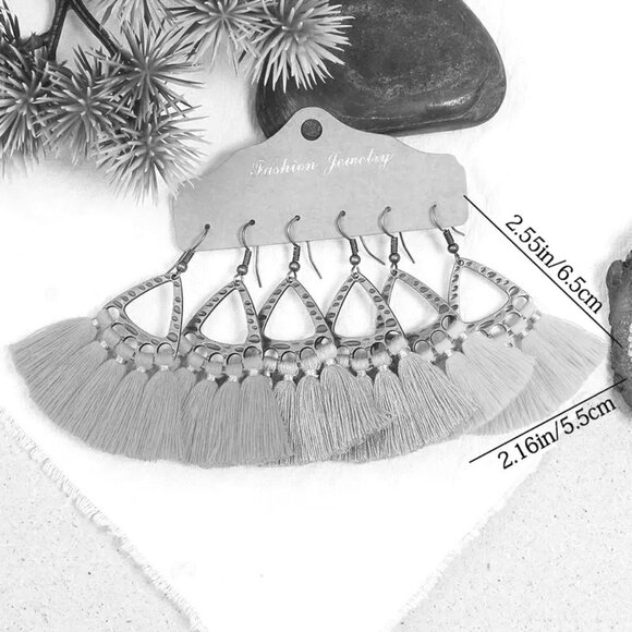 Earrings Tassel Fan Dangle 3pr Boho Hippie Ethnic Style Neutral Trendy Stylish - Picture 2 of 2